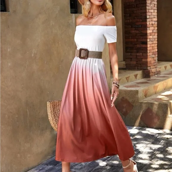 Boho Tie Dye Ombre Off Shoulder Dress - Picture 3 of 6